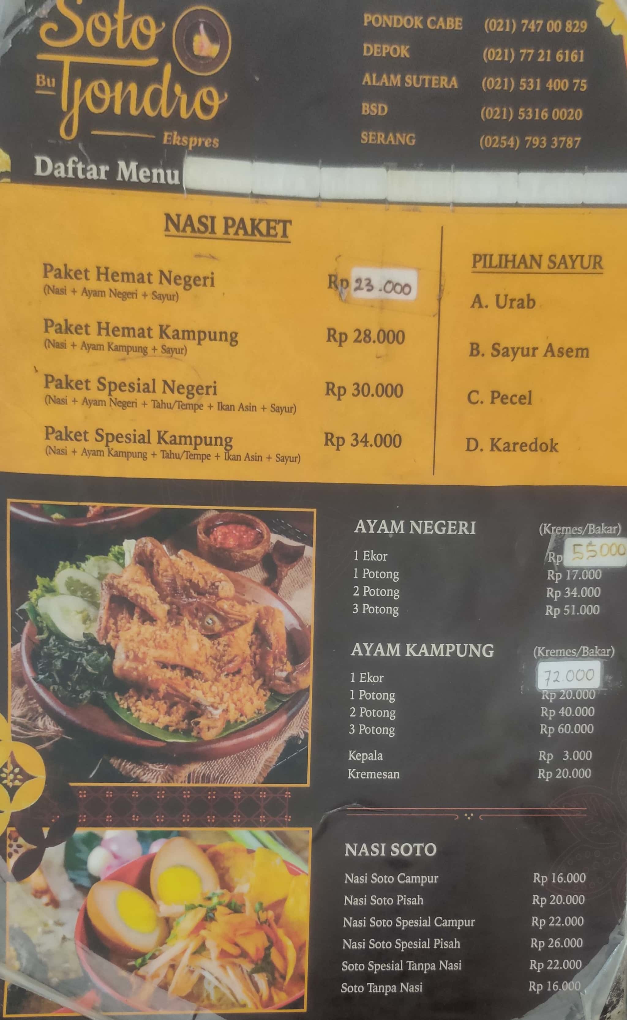 Harga Menu Soto Bu Tjondro Terbaru 2022-2023 Di Tangerang,Tangerang