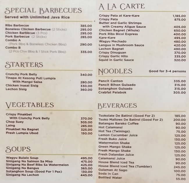 Casa Reyes menu price 20222023 near SM City Manila in Manila