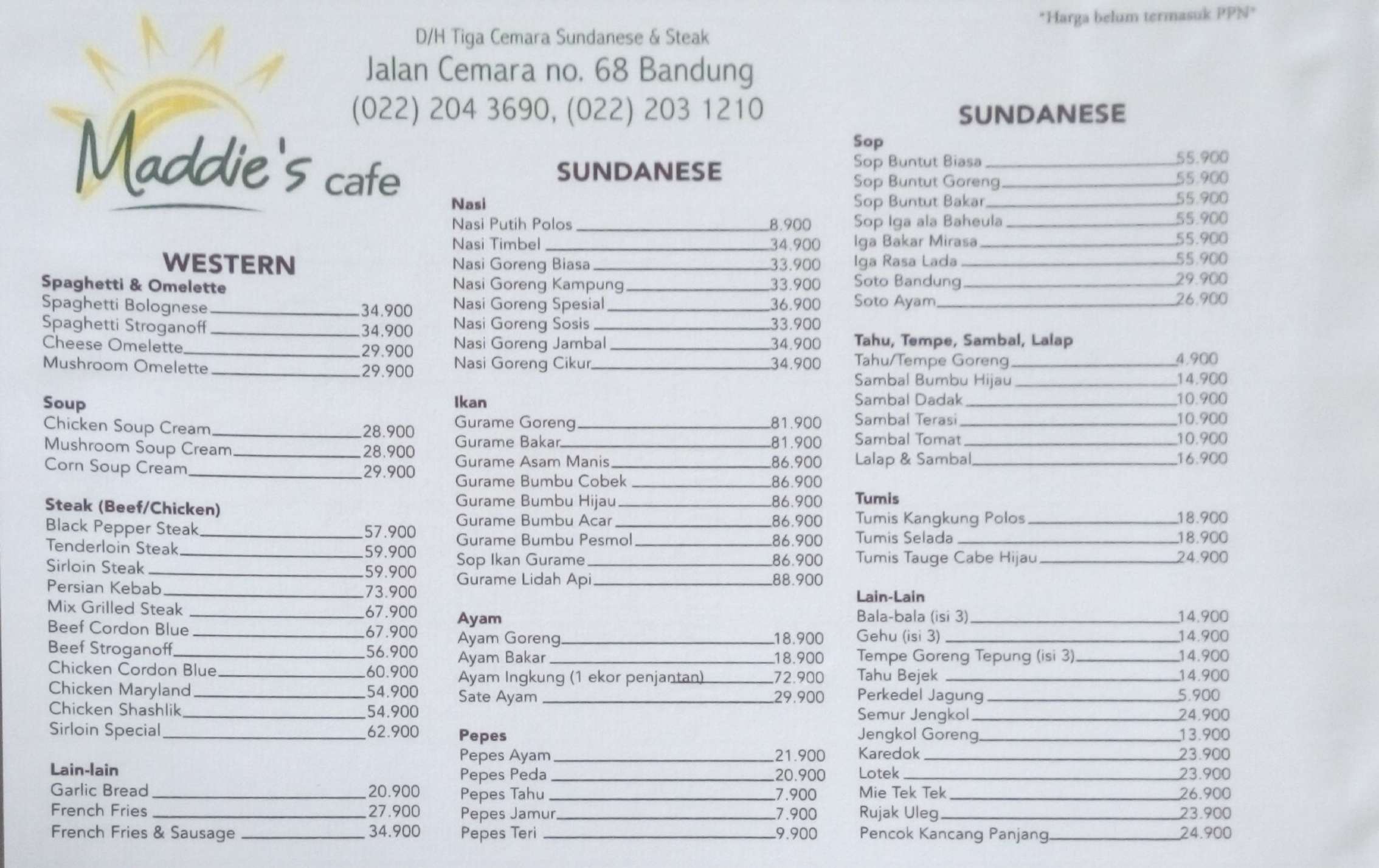 Harga menu Maddie's Cafe terbaru 2022-2023 di Bandung,Bandung