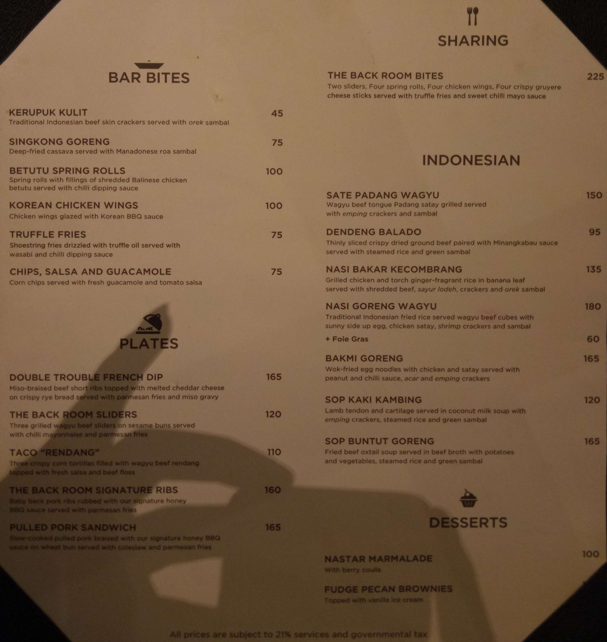 Harga menu The Back Room Hotel Pullman Thamrin terbaru 20222023 di Jakarta,Jakarta