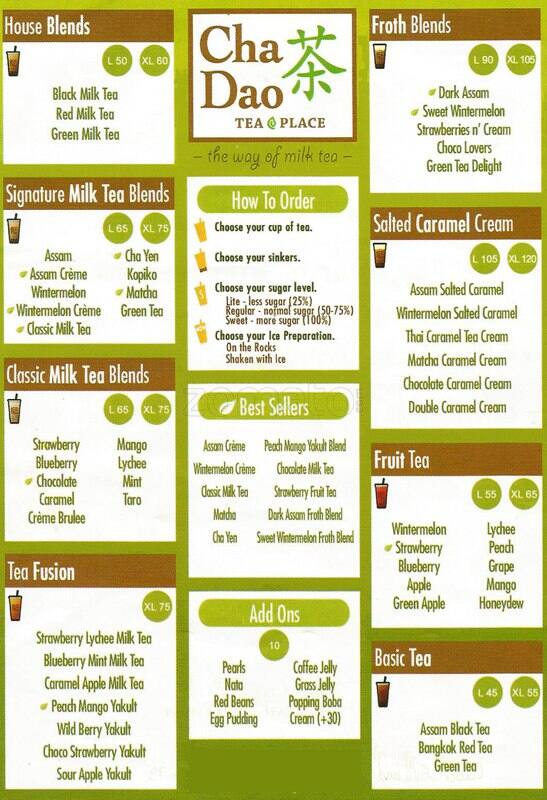 Cha Dao Tea Place menu price 2022 2023 near Novaliches in Quezon