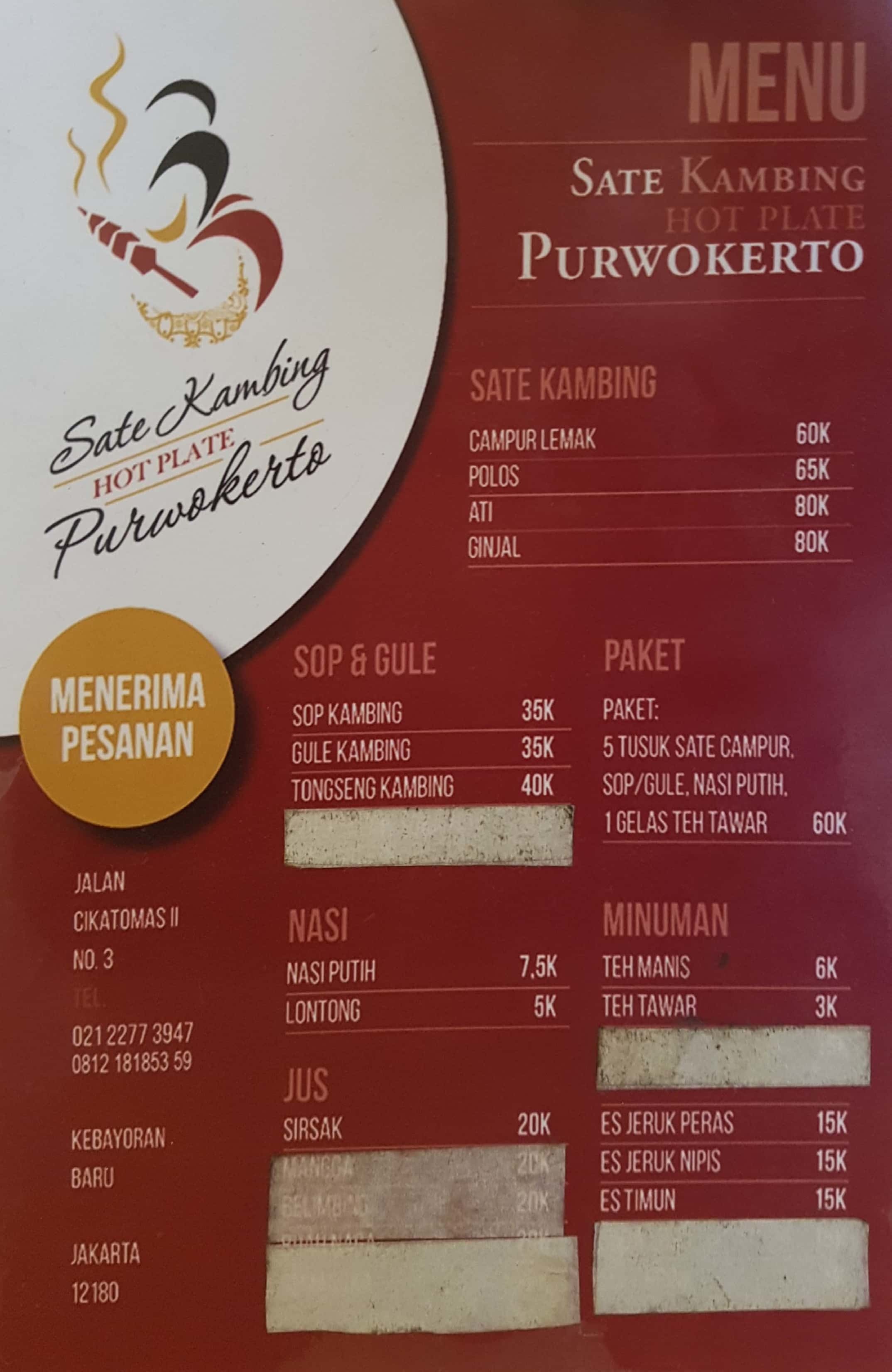 Harga menu Sate Kambing Hot Plate Purwokerto terbaru 20222023 di