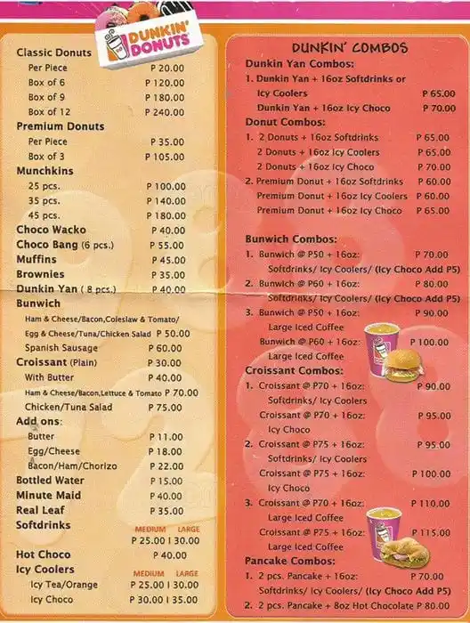 Dunkin Donuts menu price 20222023 near Libertad in Pasay YummyAdvisor