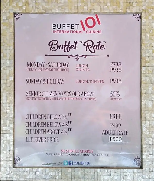 Buffet 101 menu price 20222023 near Robinsons Magnolia in Quezon City