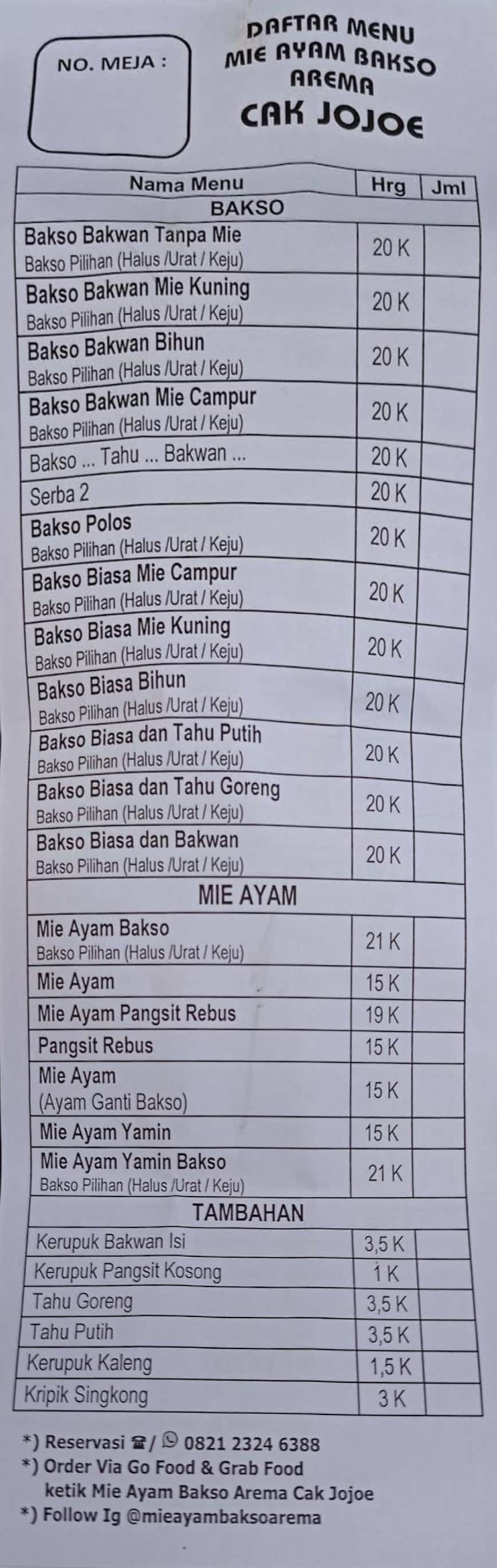 Harga Menu Mie Ayam Bakso Arema Cak Jojoe Terbaru 2022 2023 Di Depok Depok