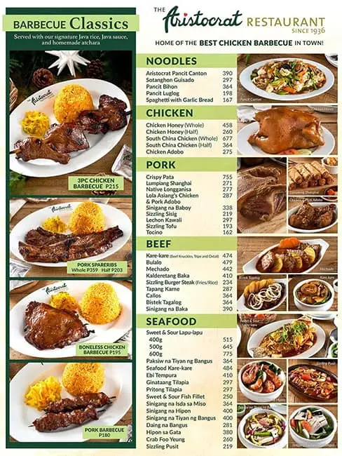 The Aristocrat menu price 2022-2023 near SM City Manila in Manila ...