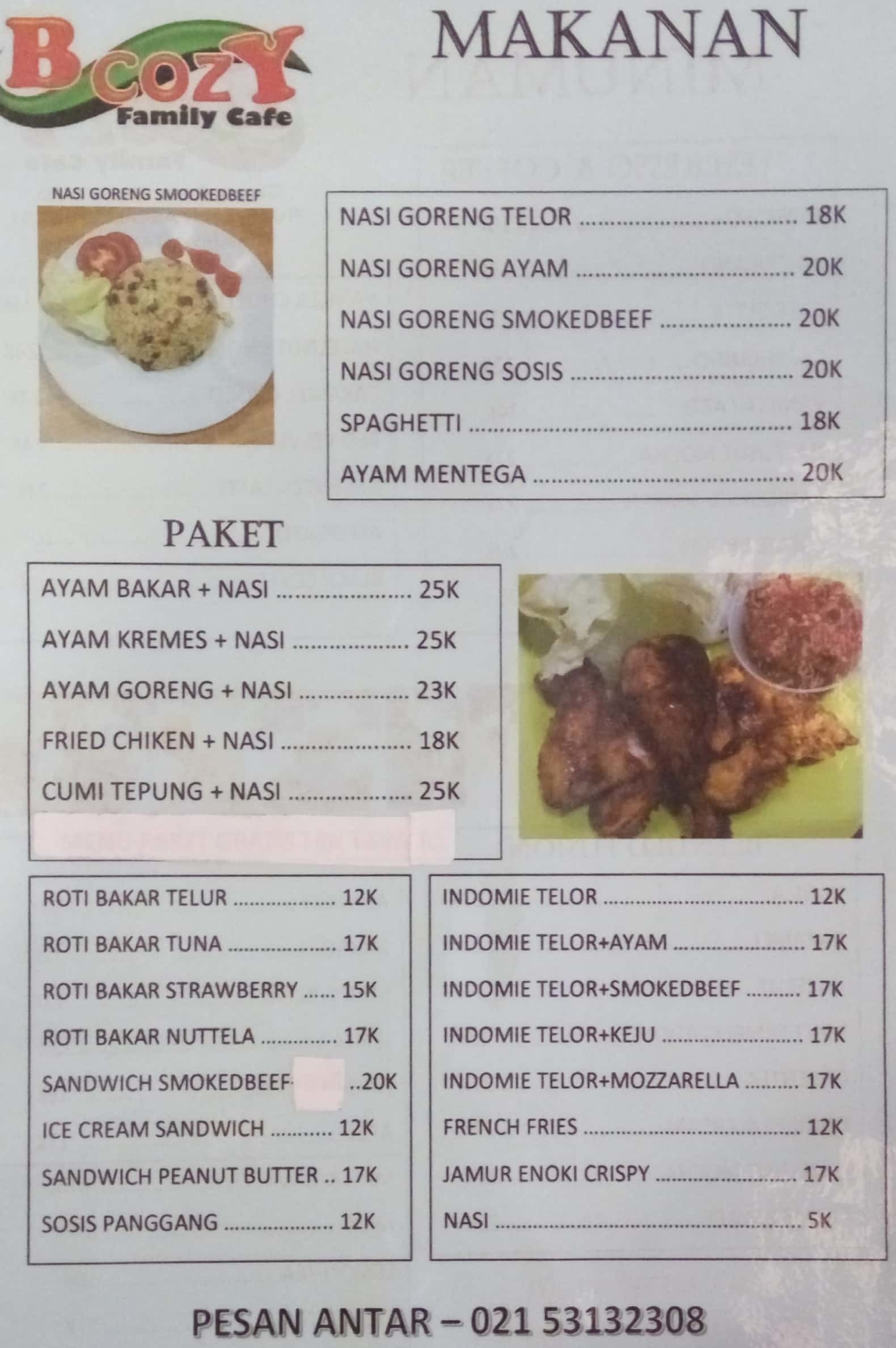 Harga Menu B Cozy Family Cafe Terbaru 2022-2023 Di Tangerang,Tangerang