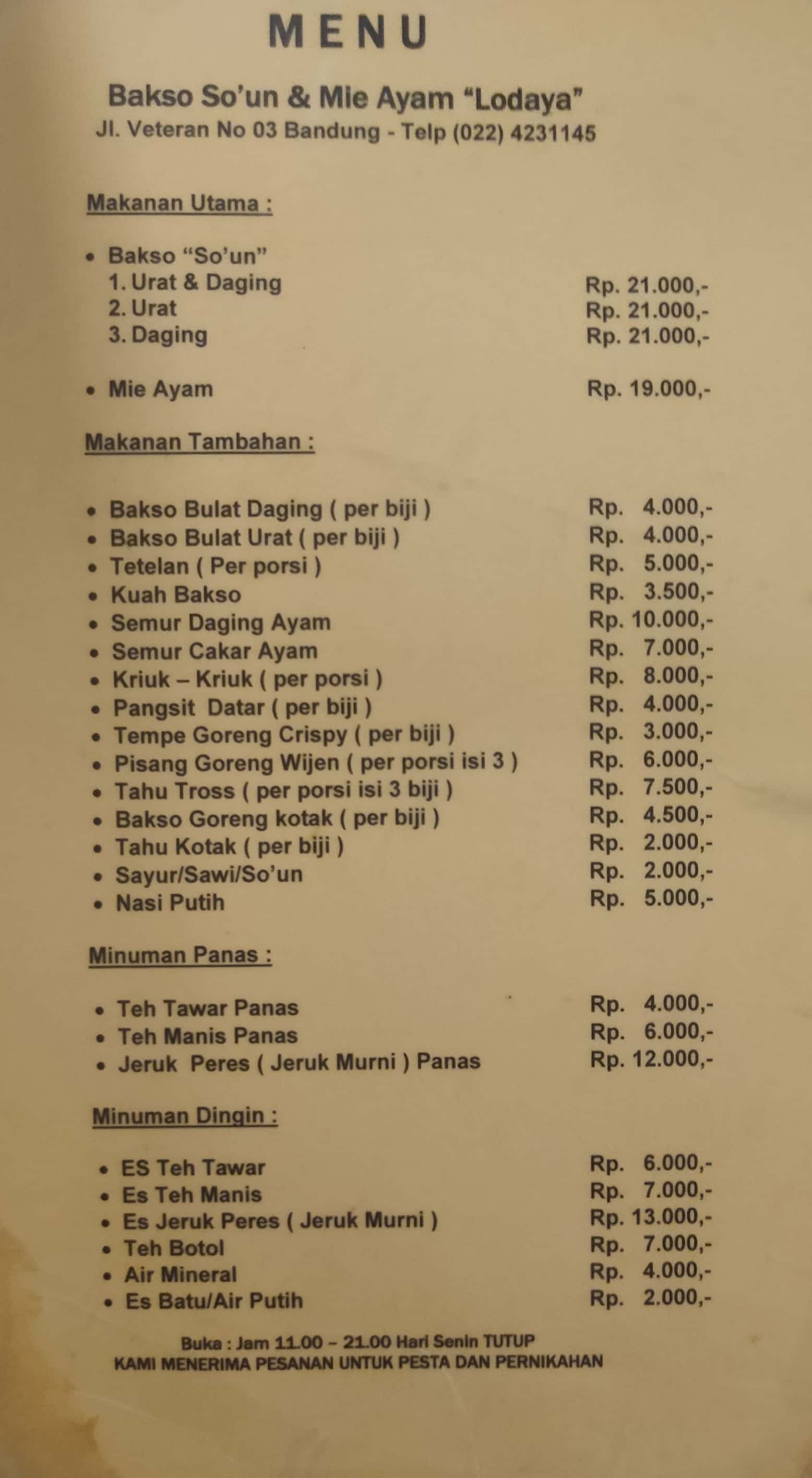 Harga Menu Bakso So Un Mie Ayam Lodaya Terbaru Di Bandung